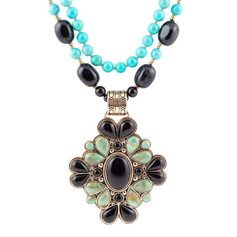 Barcelona Blue Turquoise and Black Onyx Golden Statement Necklace