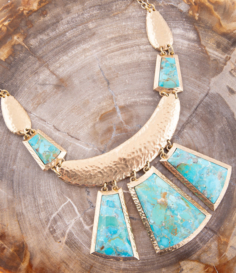 Blue Turquoise Jeweled Statement Golden Necklace