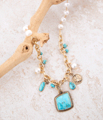 Blue Turquoise and White Pearl Multi Pendant Golden Necklace