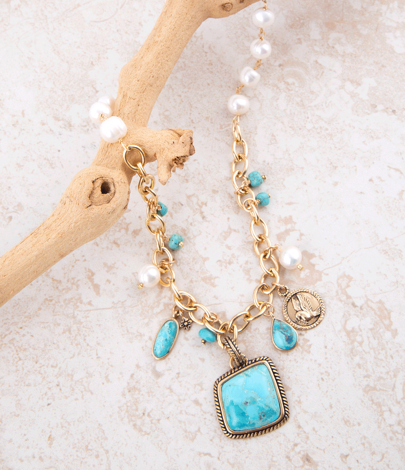 Blue Turquoise and White Pearl Multi Pendant Golden Necklace