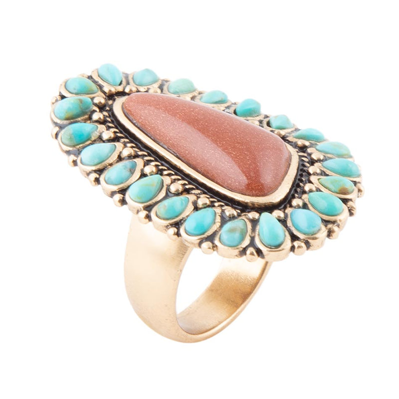 Sedona Blue Turquoise Orange Goldstone Golden Statement Ring