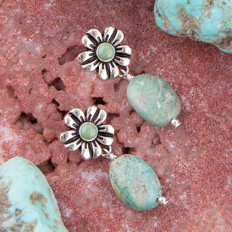 Floral Turquoise and Sterling Silver With Bead Drop Earrings