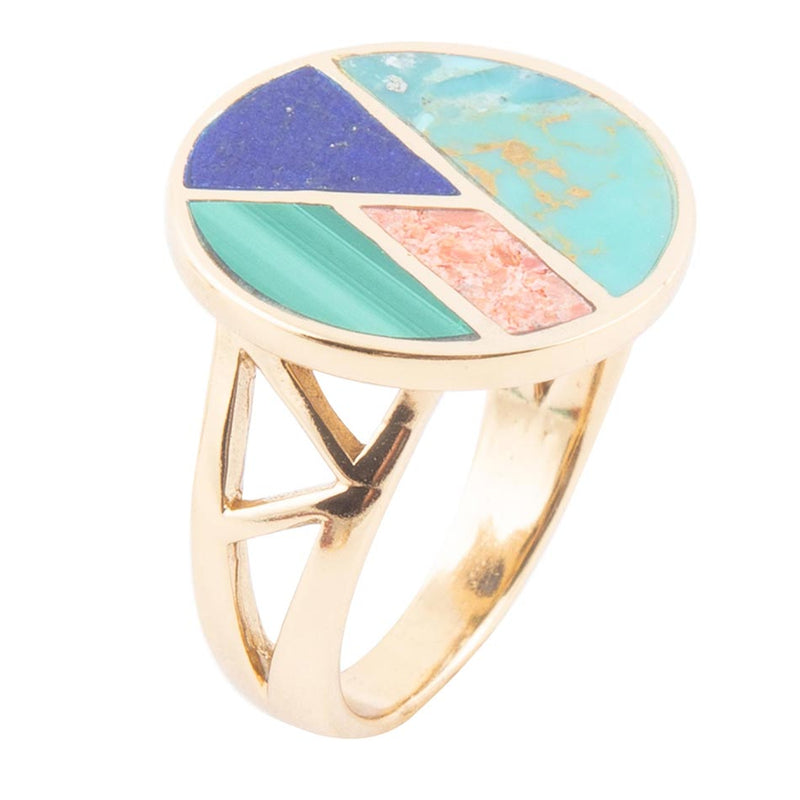 Art Deco Colorful Inlay Golden Ring - Barse Jewelry