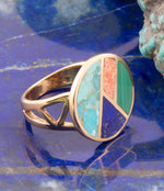 Art Deco Colorful Inlay Golden Ring - Barse Jewelry