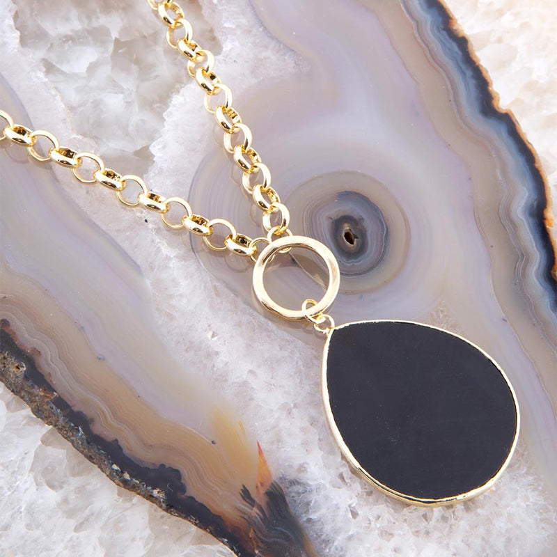 Black Onyx Teardrop Golden Chain Necklace - Barse Jewelry