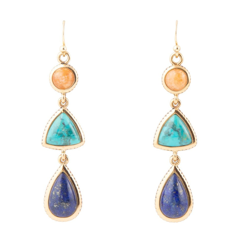 Blue Lapis, Turquoise and Orange Sponge Coral Golden Drop Earrings - Barse Jewelry