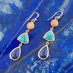 Blue Lapis, Turquoise and Orange Sponge Coral Golden Drop Earrings - Barse Jewelry