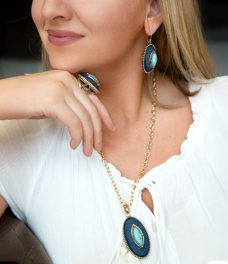 Blue Turquoise and Denim Golden Pendant Necklace - Barse Jewelry