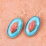 Blue Turquoise and Orange Coral Golden Oval Earrings - Barse Jewelry