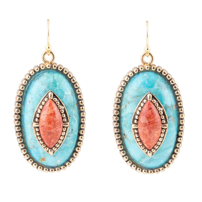 Blue Turquoise and Orange Coral Golden Oval Earrings - Barse Jewelry