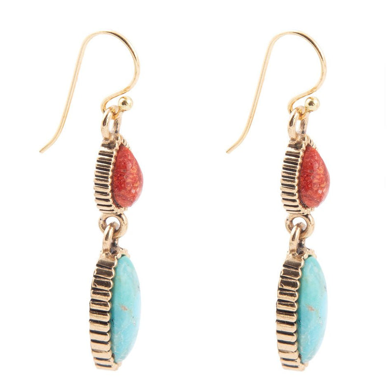 Blue Turquoise and Red Coral Golden Drop Earrings - Barse Jewelry