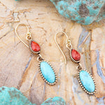 Blue Turquoise and Red Coral Golden Drop Earrings - Barse Jewelry