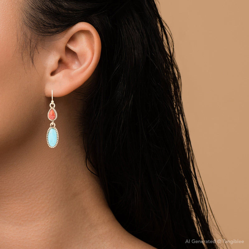 Blue Turquoise and Red Coral Golden Drop Earrings - Barse Jewelry