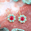 Blue Turquoise and Red Quartz Flower Golden Earrings - Barse Jewelry