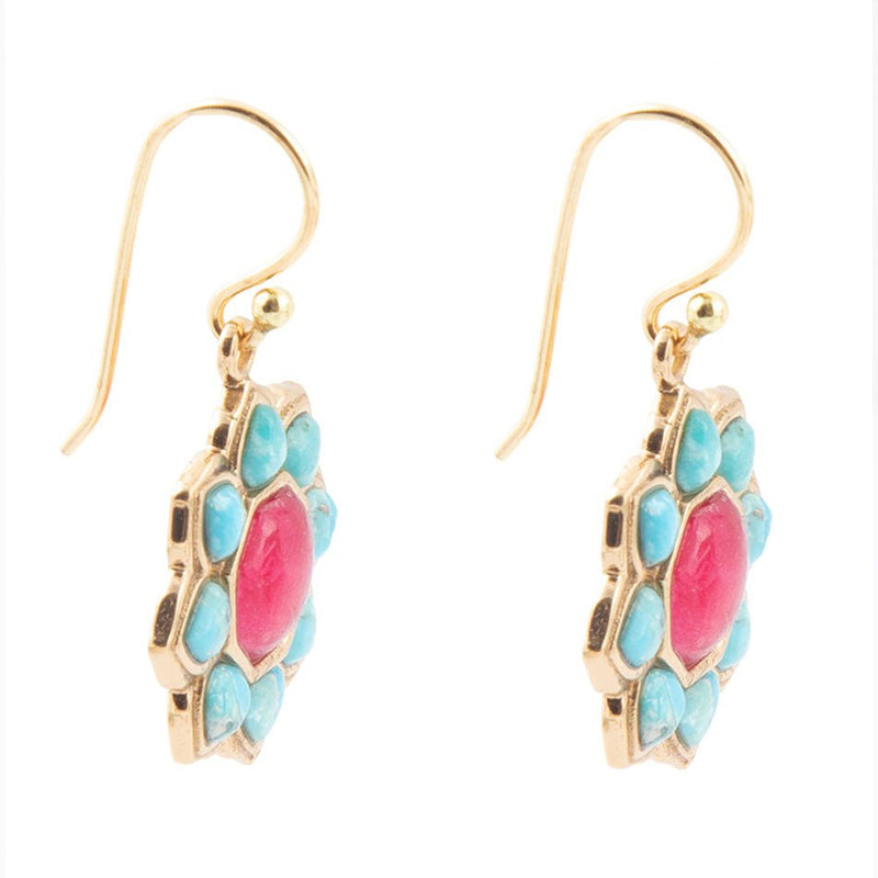 Blue Turquoise and Red Quartz Flower Golden Earrings - Barse Jewelry