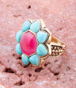 Blue Turquoise and Red Quartz Flower Golden Ring - Barse Jewelry