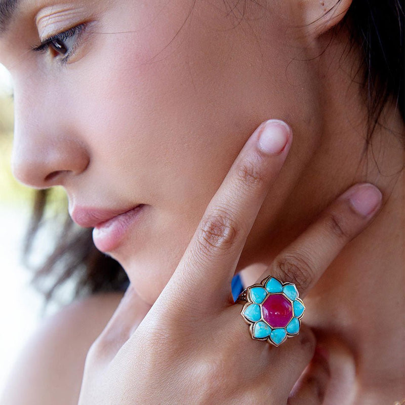 Blue Turquoise and Red Quartz Flower Golden Ring - Barse Jewelry