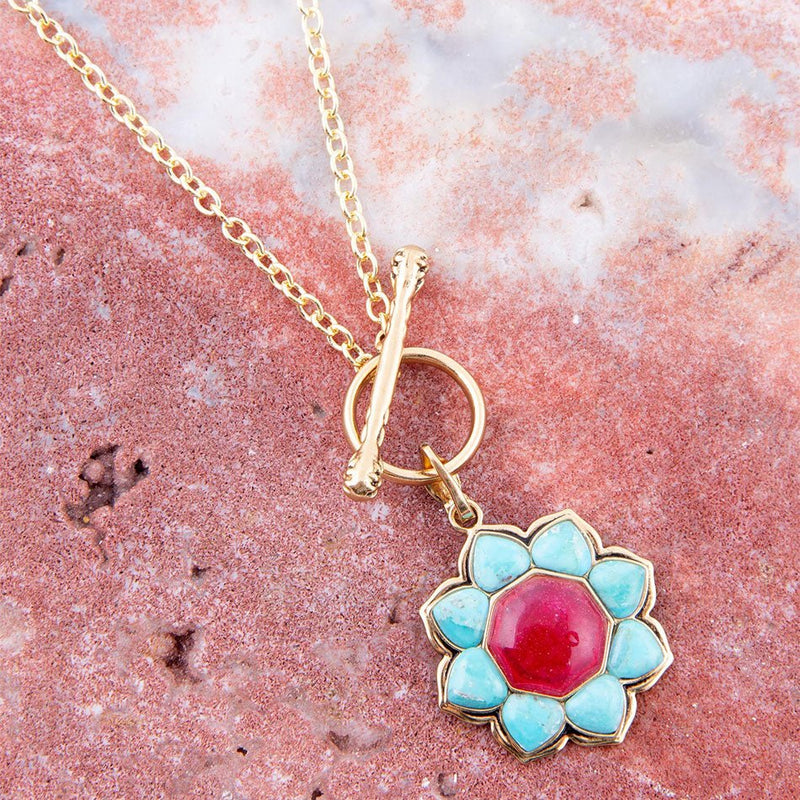 Blue Turquoise and Red Quartz Golden Chain Necklace - Barse Jewelry