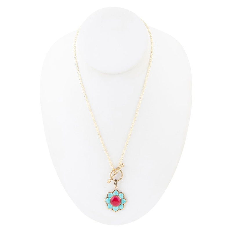 Blue Turquoise and Red Quartz Golden Chain Necklace - Barse Jewelry