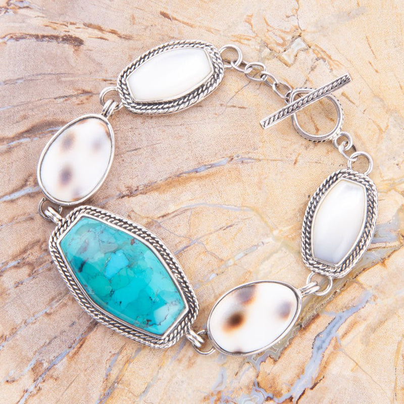 Blue Turquoise and Shell Sterling Silver Link Bracelet - Barse Jewelry