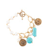 Blue Turquoise and White Pearl Multi Charm Golden Bracelet - Barse Jewelry