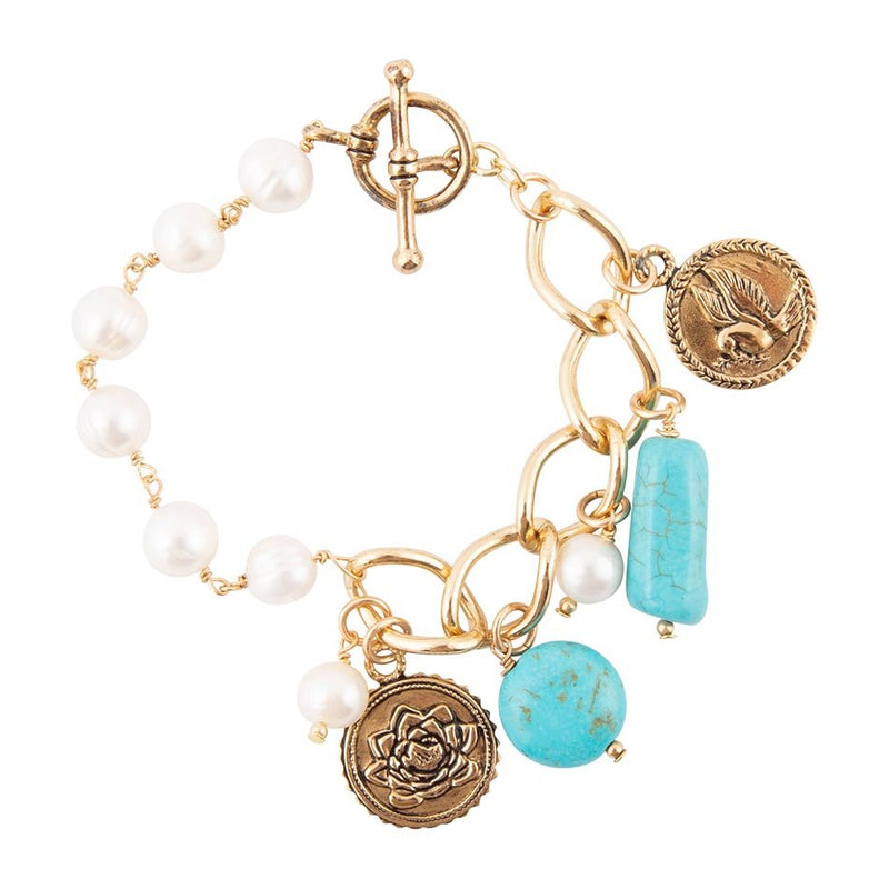 Blue Turquoise and White Pearl Multi Charm Golden Bracelet - Barse Jewelry