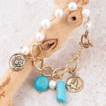 Blue Turquoise and White Pearl Multi Charm Golden Bracelet - Barse Jewelry