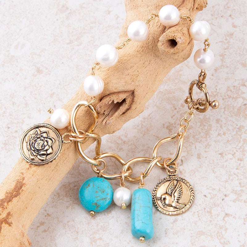 Blue Turquoise and White Pearl Multi Charm Golden Bracelet - Barse Jewelry