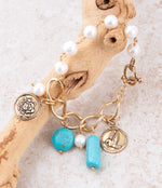 Blue Turquoise and White Pearl Multi Charm Golden Bracelet - Barse Jewelry