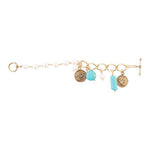 Blue Turquoise and White Pearl Multi Charm Golden Bracelet - Barse Jewelry