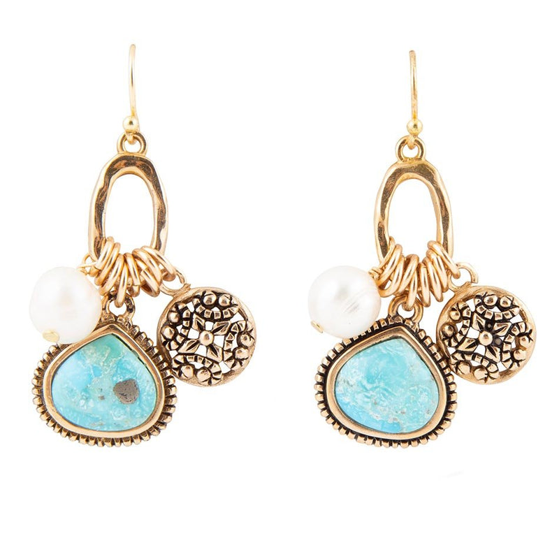 Blue Turquoise and White Pearl Multi Charm Golden Charm Earring - Barse Jewelry