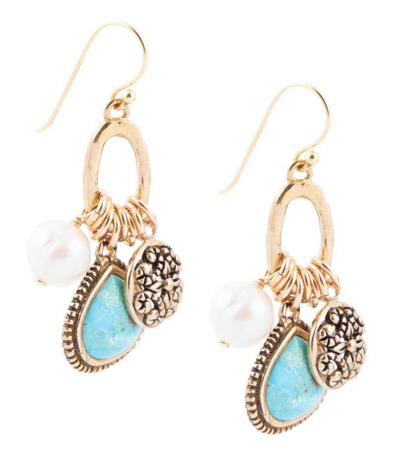 Blue Turquoise and White Pearl Multi Charm Golden Charm Earring - Barse Jewelry