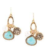 Blue Turquoise and White Pearl Multi Charm Golden Charm Earring - Barse Jewelry