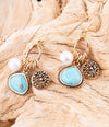 Blue Turquoise and White Pearl Multi Charm Golden Charm Earring - Barse Jewelry