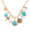 Blue Turquoise and White Pearl Multi Pendant Golden Necklace - Barse Jewelry