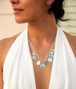 Blue Turquoise and White Pearl Multi Pendant Golden Necklace - Barse Jewelry