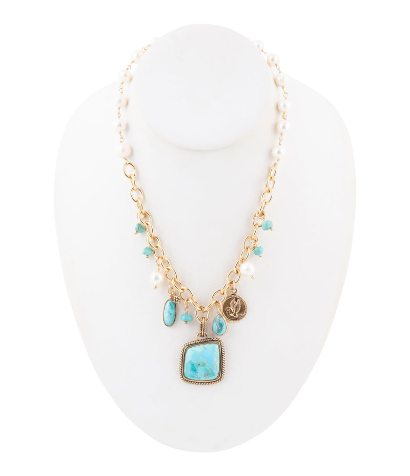 Blue Turquoise and White Pearl Multi Pendant Golden Necklace - Barse Jewelry