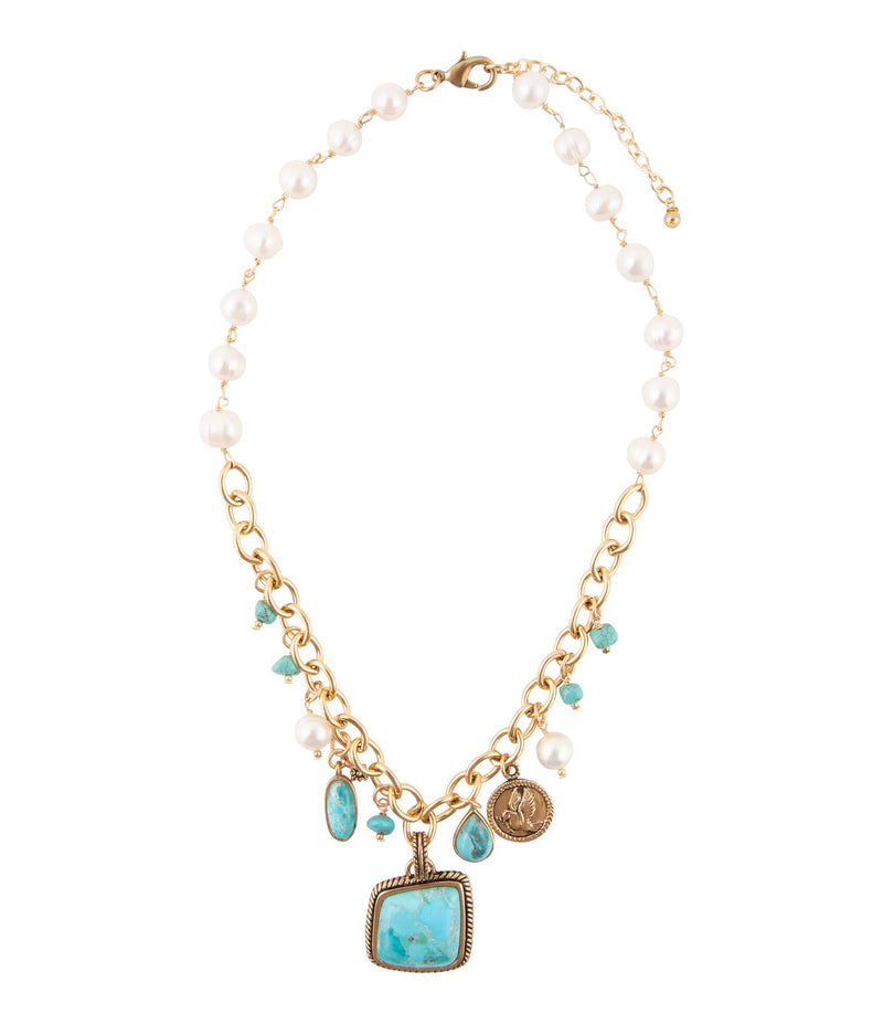 Blue Turquoise and White Pearl Multi Pendant Golden Necklace - Barse Jewelry