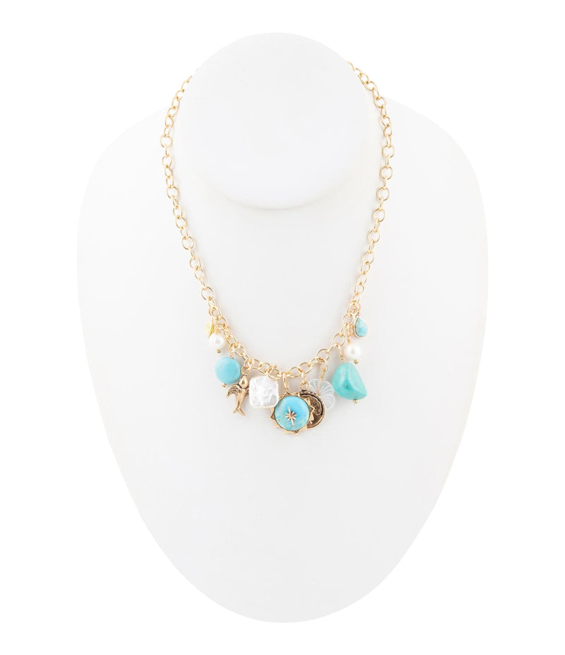 Blue Turquoise and White Pearl Multi Pendant Golden Necklace - Barse Jewelry