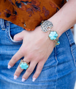 Blue Turquoise Flower Golden Bracelet - Barse Jewelry