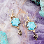 Blue Turquoise Flower Golden Drop Earrings - Barse Jewelry