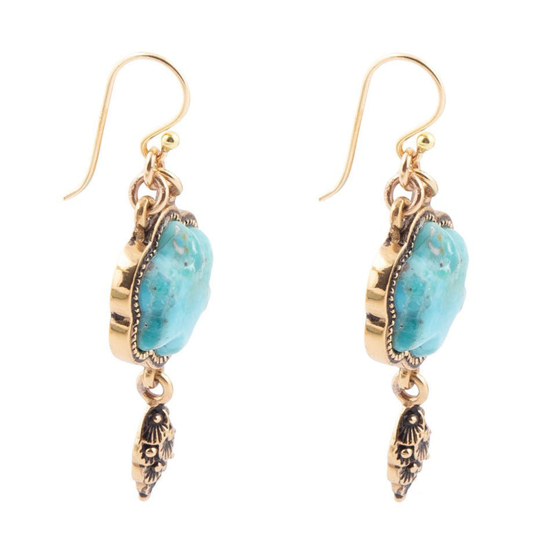 Blue Turquoise Flower Golden Drop Earrings - Barse Jewelry