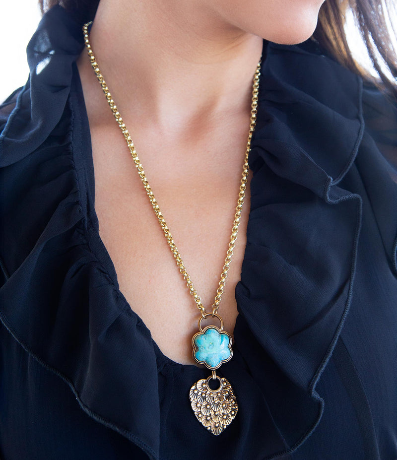 Blue Turquoise Flower Golden Necklace - Barse Jewelry