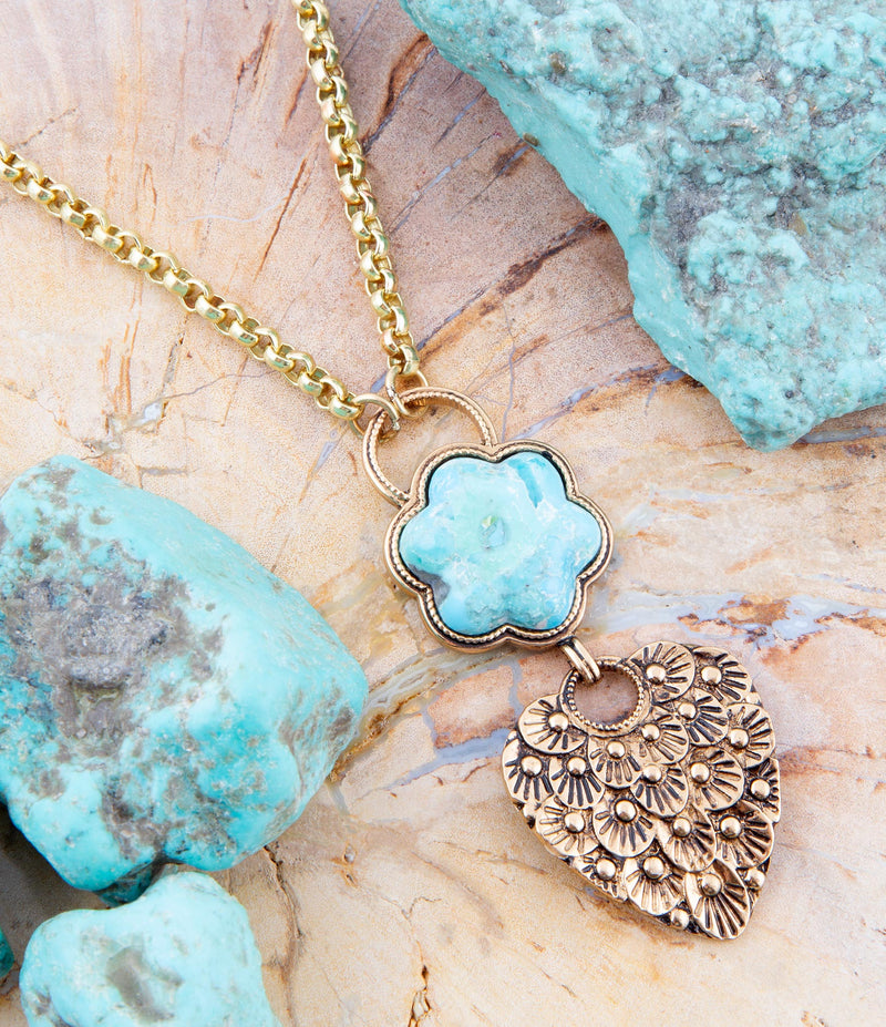 Blue Turquoise Flower Golden Necklace - Barse Jewelry