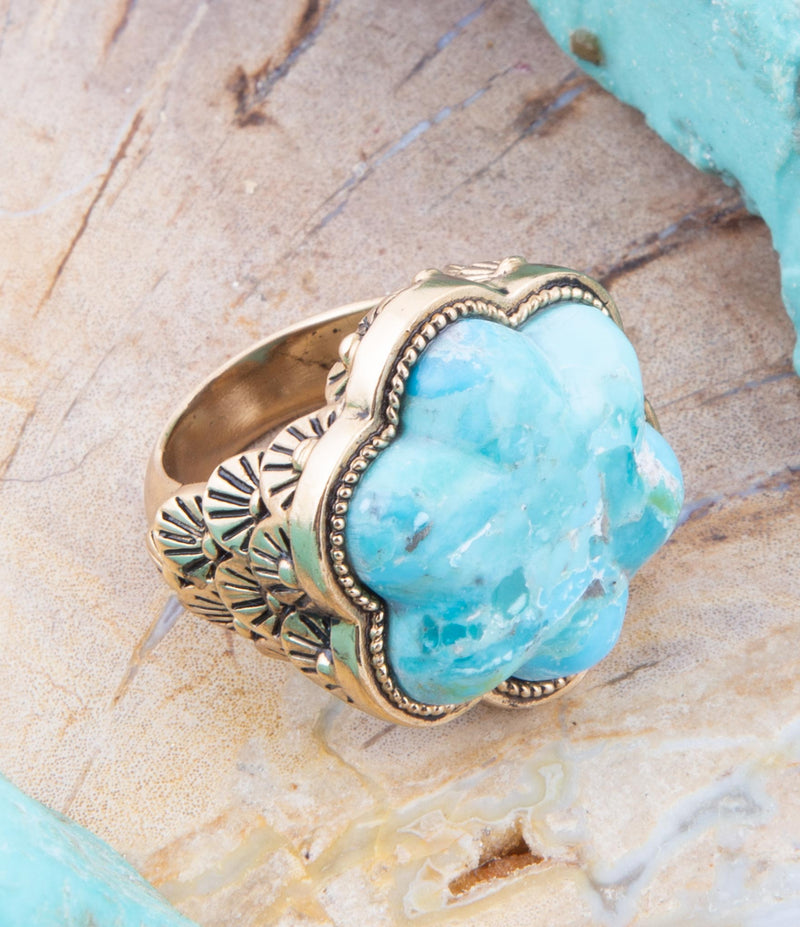 Blue Turquoise Flower Golden Ring - Barse Jewelry