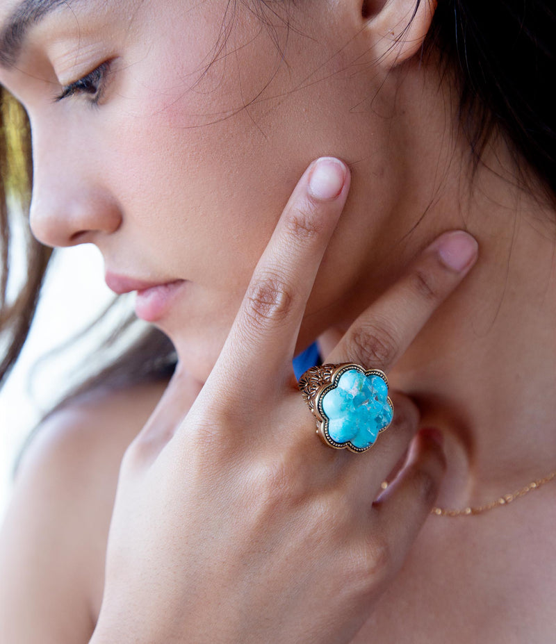 Blue Turquoise Flower Golden Ring - Barse Jewelry