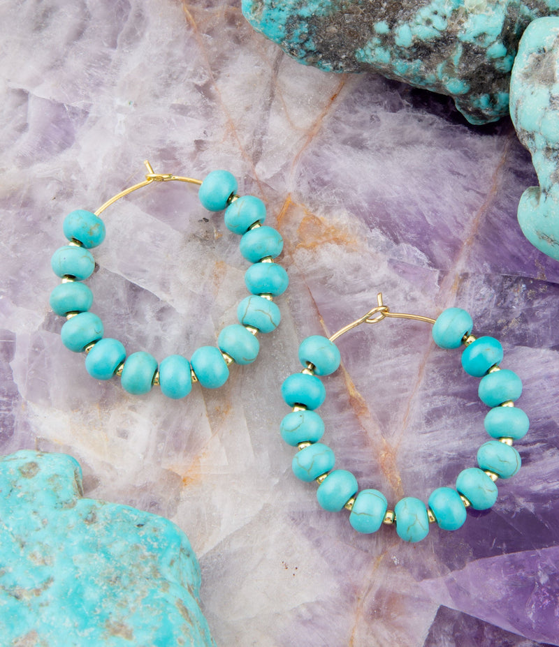 Blue Turquoise Magnesite Golden Hoop Earrings - Barse Jewelry