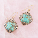 Blue Turquoise Square Stone Golden Drop Earrings - Barse Jewelry