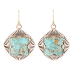 Blue Turquoise Square Stone Golden Drop Earrings - Barse Jewelry