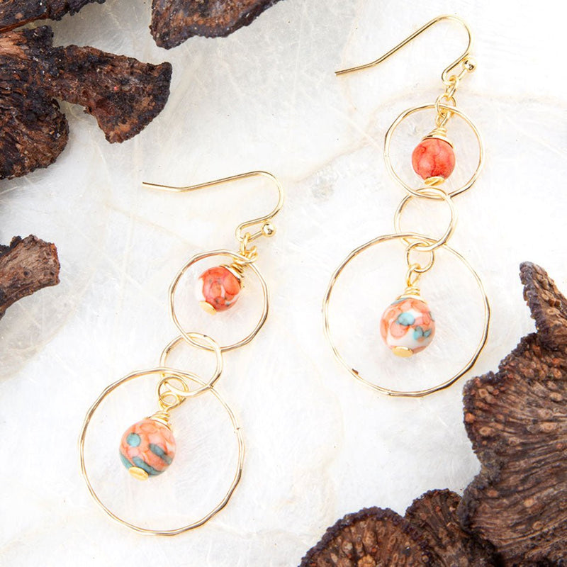 Canyon Red Magnesite Double Drop Golden Earrings - Barse Jewelry